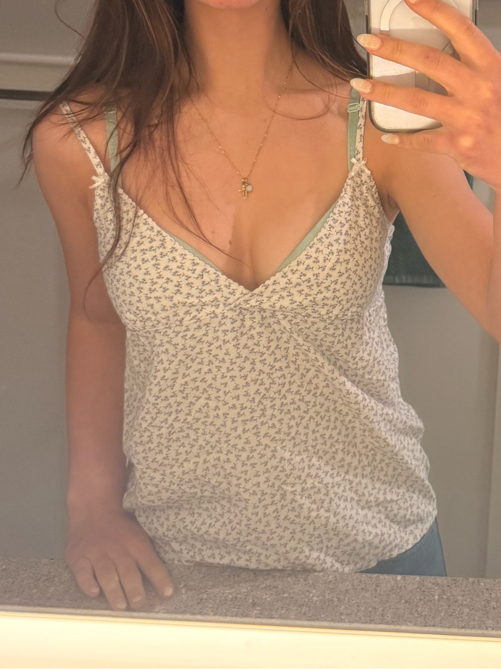 Floral Cotton V-Neck Cami Tank Top - White with Lavender Print